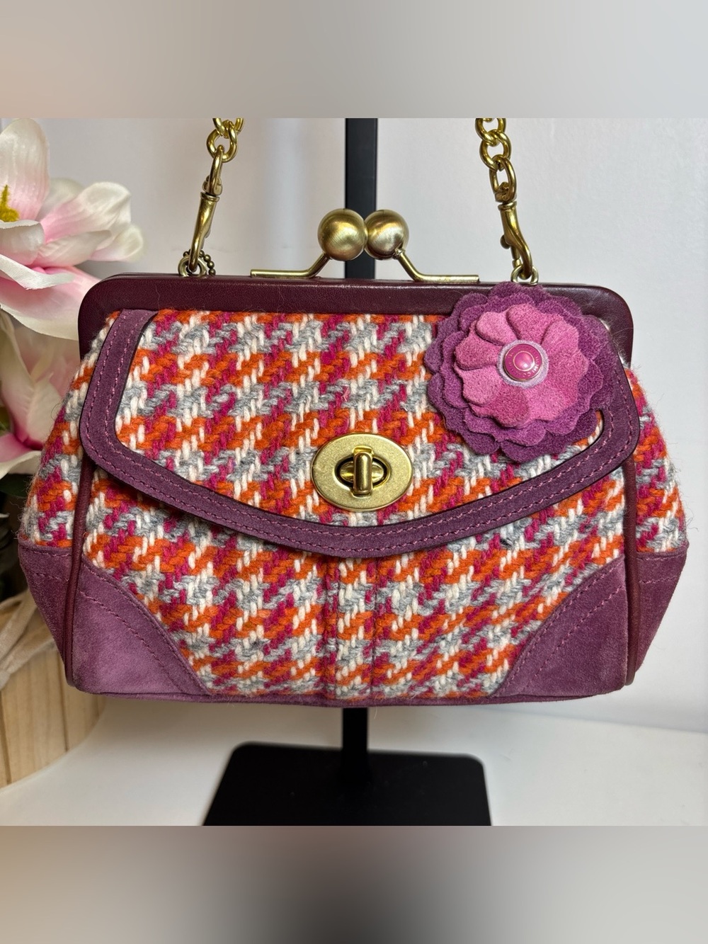 COACH LTD VTG PINK WOOL HOUNDSTOOTH SUEDE KISSLOCK GALLERY FRAMED BAG - Picture 3 of 16